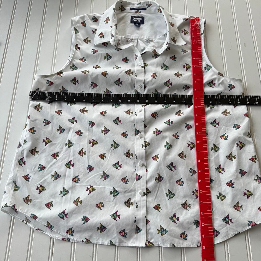 Lands' End women's white sleeveless button-down shirt all-over fish print. - Picture 7 of 8